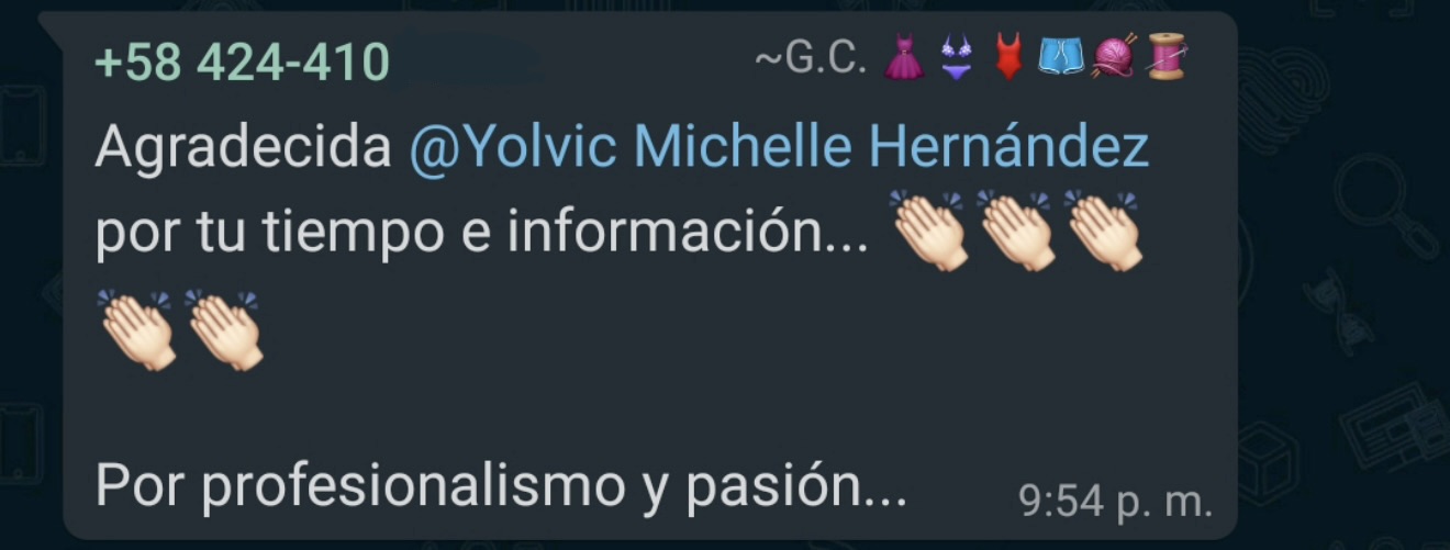 Reseña de WhatsApp: agradecimiento a Yolvic por su tiempo e información